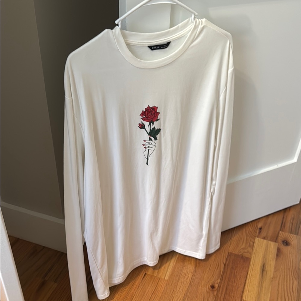 Zara White Long Sleeve Shirt with Red Rose